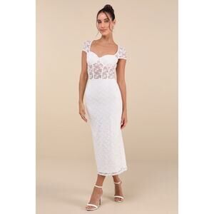 Lulu’s Flirtatious Presence White Sheer Lace Bustier Midi Dress Size Small NWT